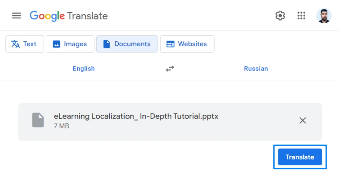 translating documents in Google Translate